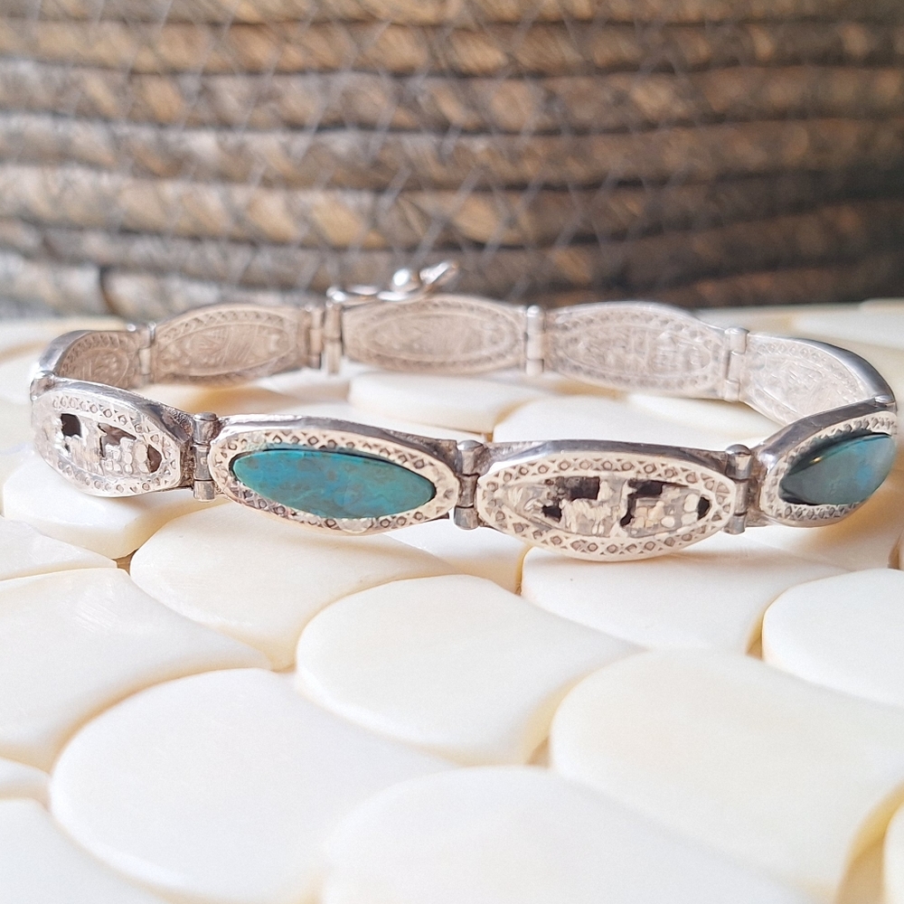 Vintage Sterling Silver PeruvianTurquoise Panel Bracelet
